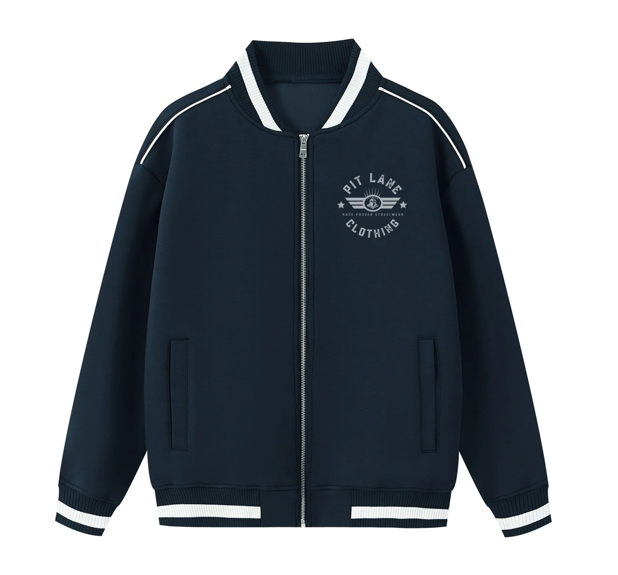 Pit Lane Clothing: Contrast Piping Zip Bomber Jacket - Navy Blue