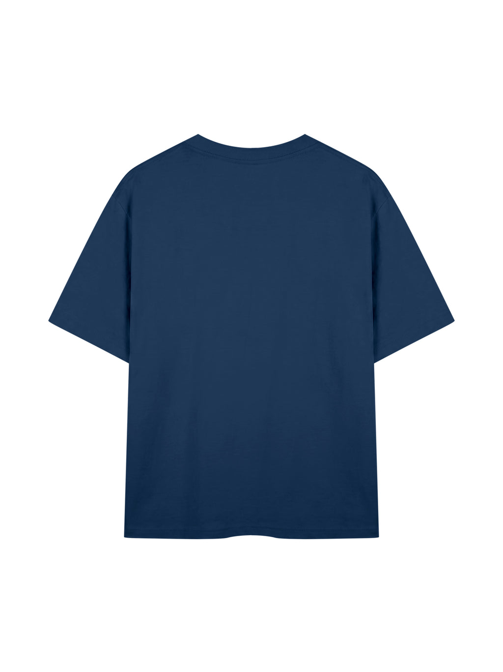 A navy blue short-sleeve crewneck t-shirt shown from the back, isolated on a solid white background.