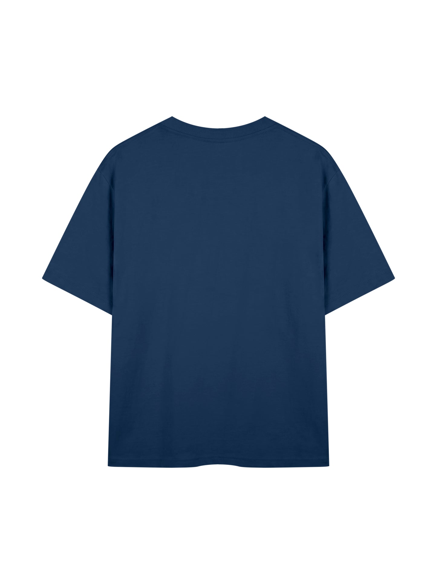 A navy blue short-sleeve crewneck t-shirt shown from the back, isolated on a solid white background.