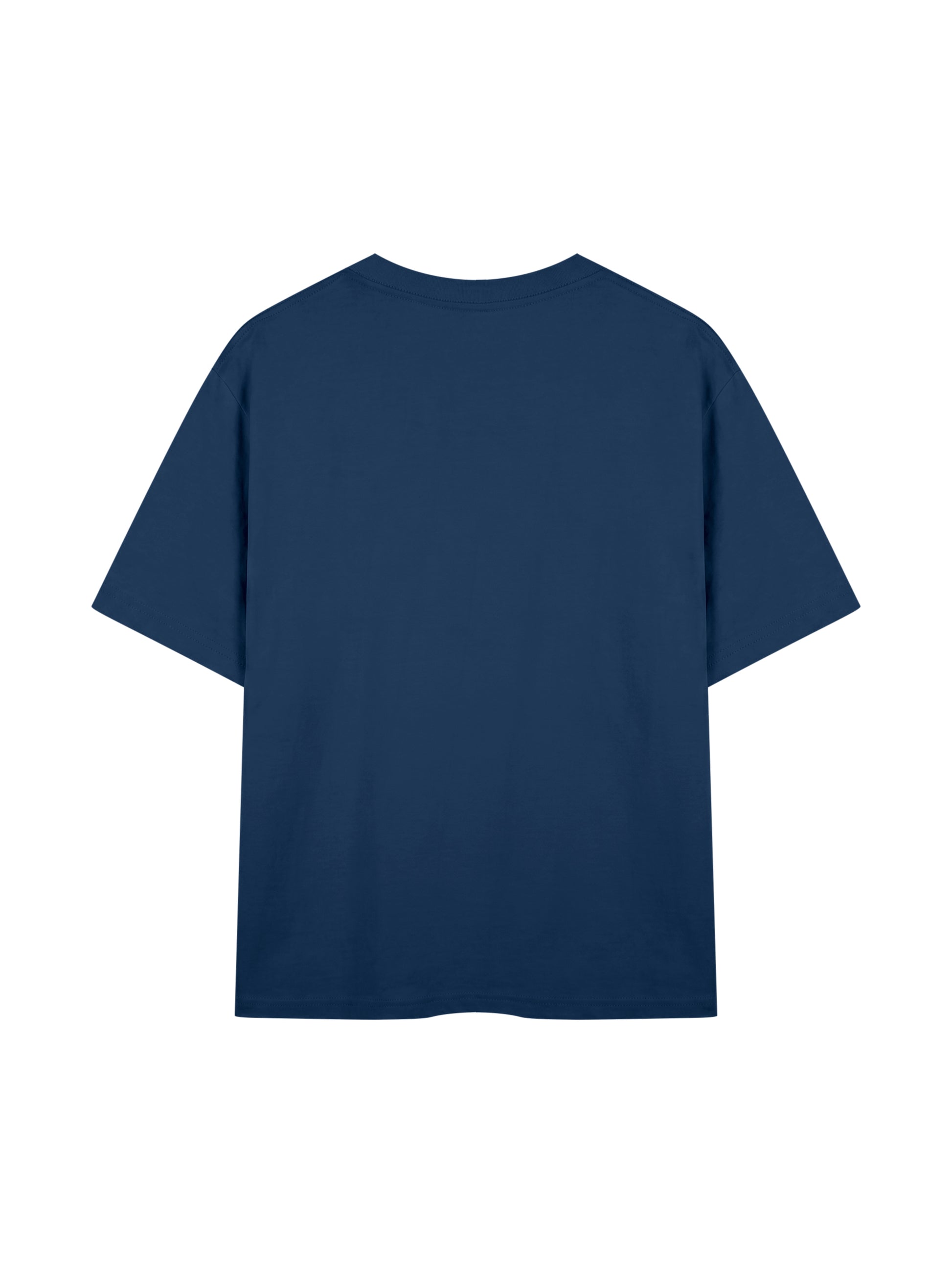 A navy blue short-sleeve crewneck t-shirt shown from the back, isolated on a solid white background.