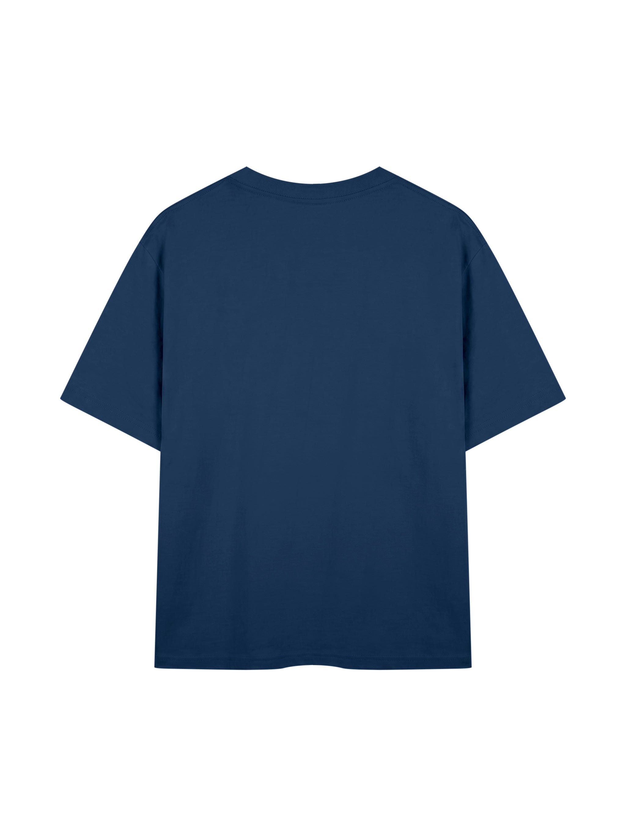 A navy blue short-sleeve crewneck t-shirt shown from the back, isolated on a solid white background.
