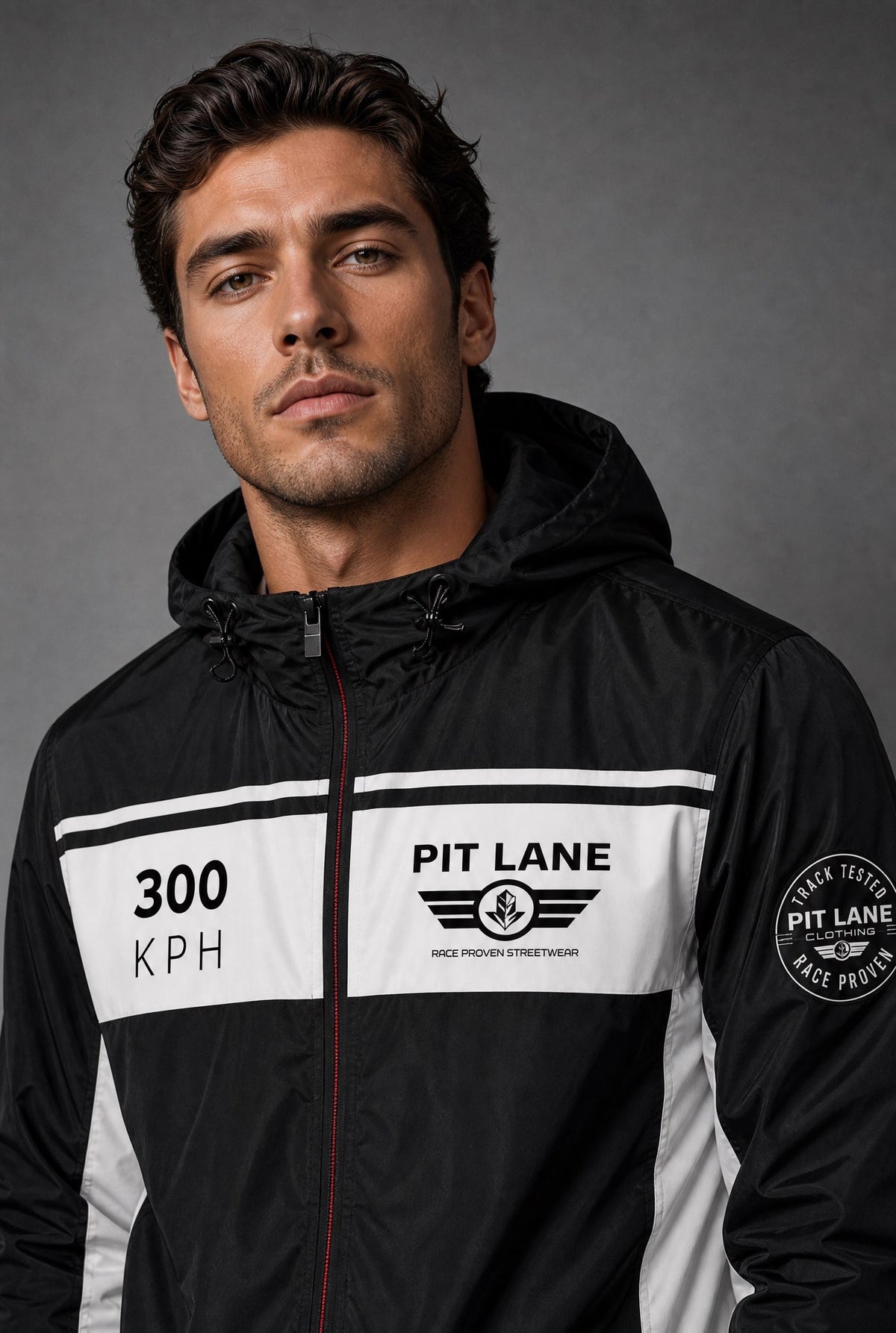 Racing Jacket – Hooded with Quilted Lining – Black & White | PIT LANE CLOTHING