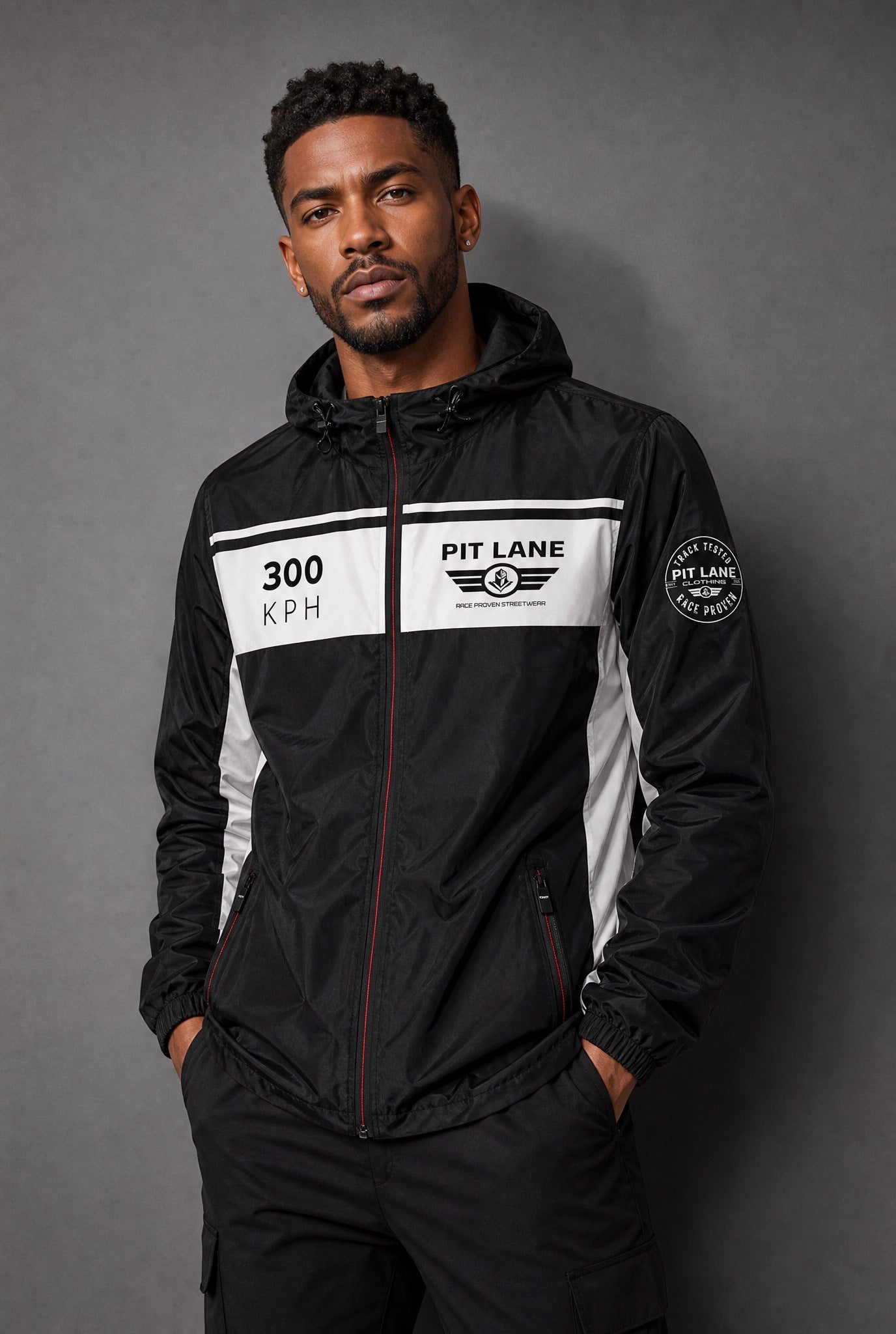 Pit Lane Clothing: 300 KPH Waterporoof Quilted Race Jacket - White Stripe