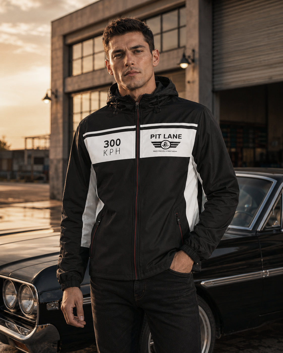 A man wearing a black and white hooded jacket with 'PIT LANE CLOTHING' and '300 KPH' graphics, standing in front of a classic car and an industrial building at sunset.