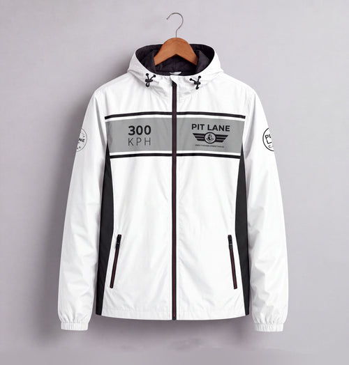 A white hooded jacket with black and gray graphic details, hanging on a wooden hanger against a solid gray background. The jacket features '300 KPH' and 'PIT LANE CLOTHING' text on the chest.