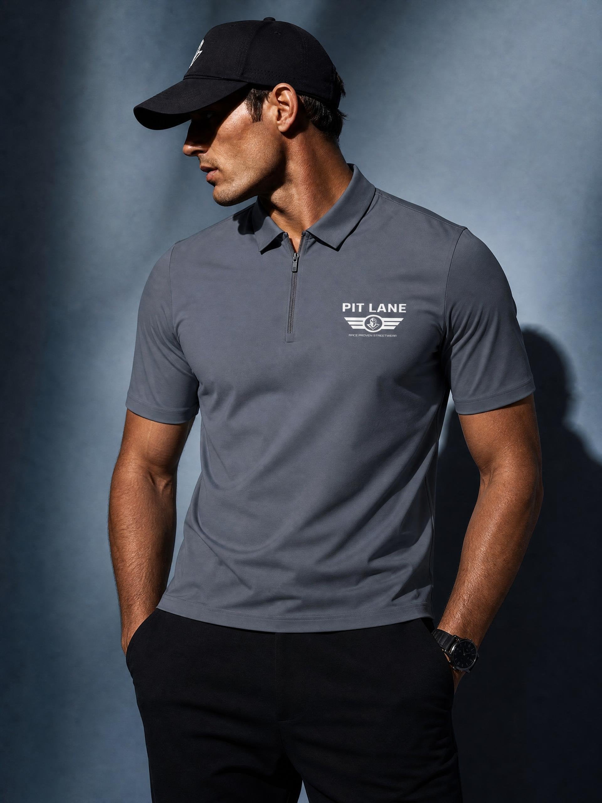 Pit Lane Clothing: Quarter-Zip Performance Polo Shirt - Titanium