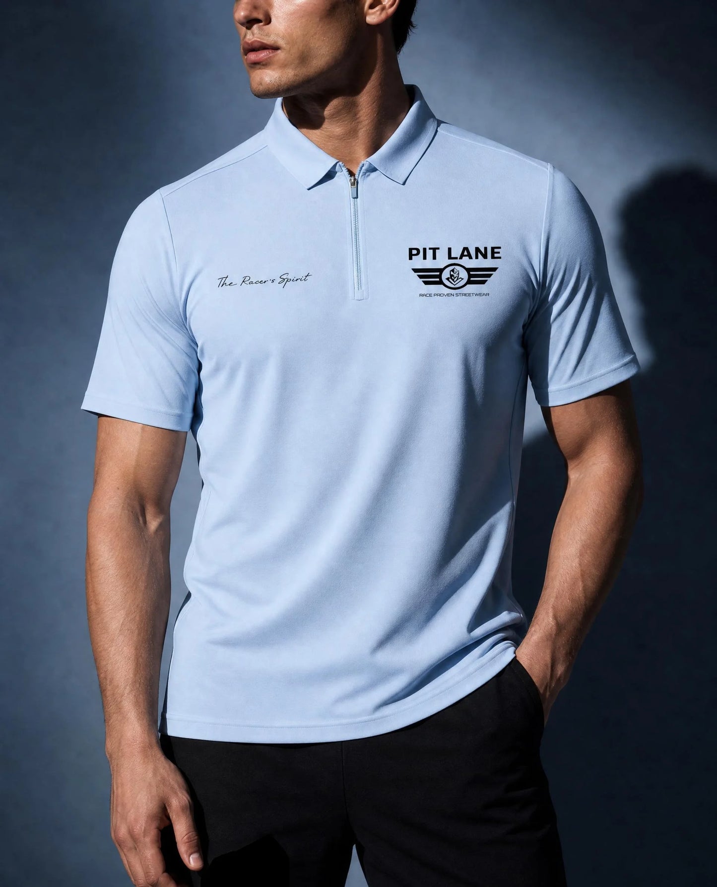 Pit Lane Clothing: Quarter-Zip Performance Polo Shirt - Sky Blue