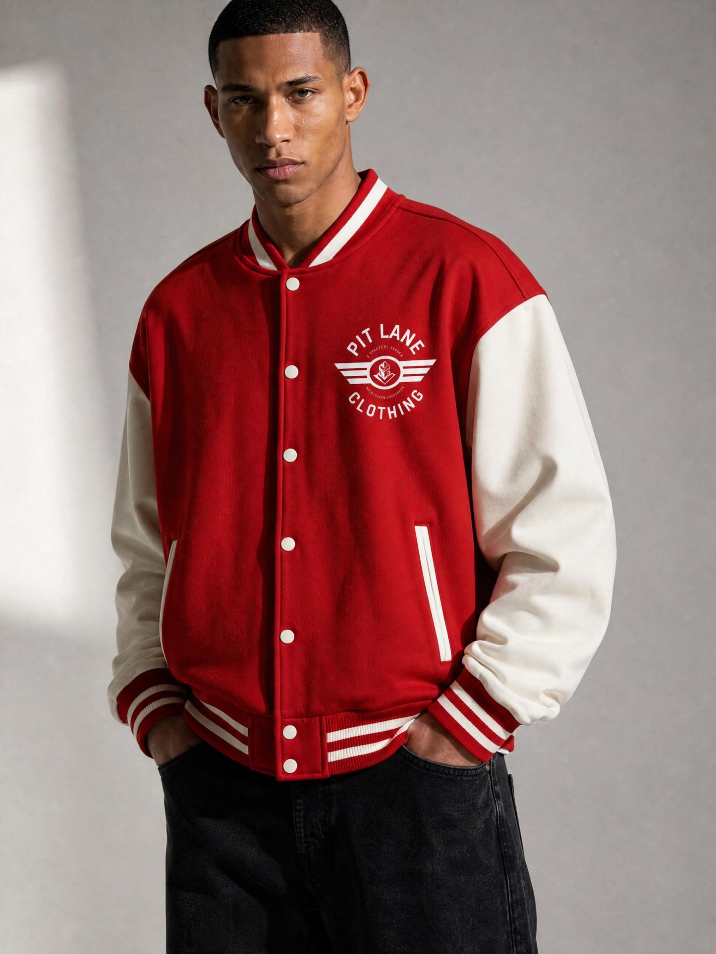 A man wearing a red and off-white varsity jacket with 'PIT LAKE CLOTHING' embroidered on the chest, posed against a gray studio background.