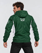 A man wearing a green and white hooded windbreaker jacket, shown from the back. The jacket features 'PIT LANE CLOTHING' branding printed in white on the upper back and a circular logo on the right sleeve.