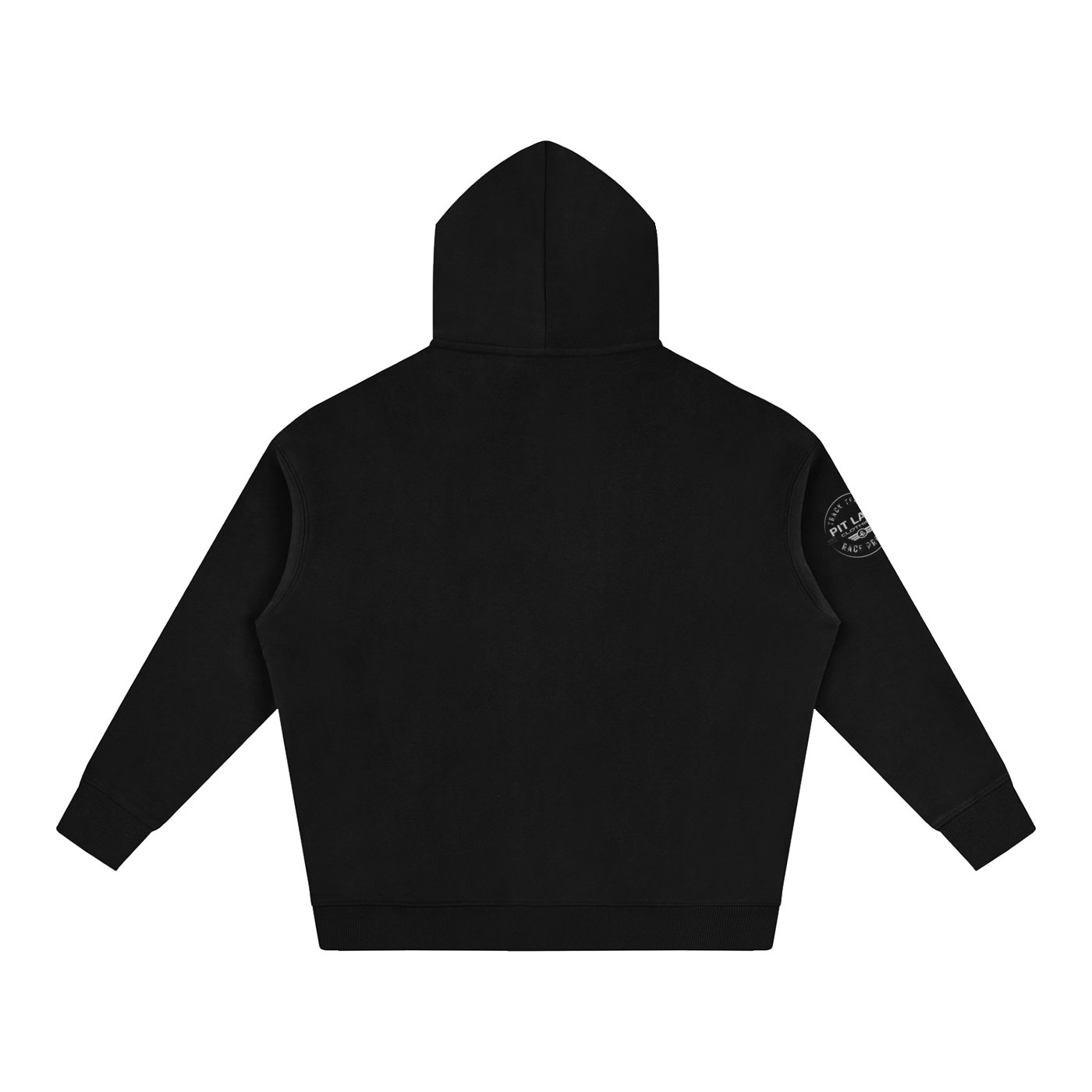 Black hoodie with a PIT LANE CLOTHING logo on the sleeve against a white background