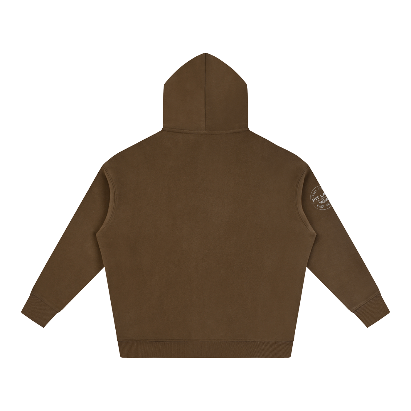 A brown hooded sweatshirt shown from the back, featuring a small circular graphic on the left sleeve, set against a plain white background.