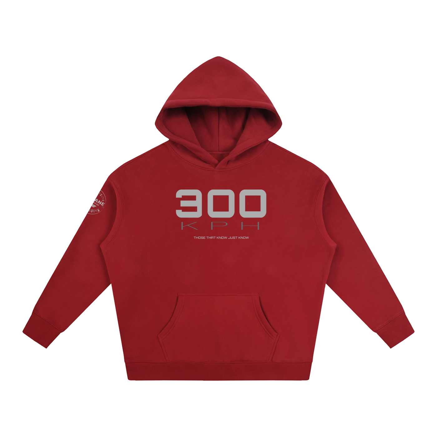 A red PIT LANE CLOTHING pullover hoodie with a front kangaroo pocket and a large silver graphic on the chest reading '300 KPH' with smaller text below, shown on a plain white background.