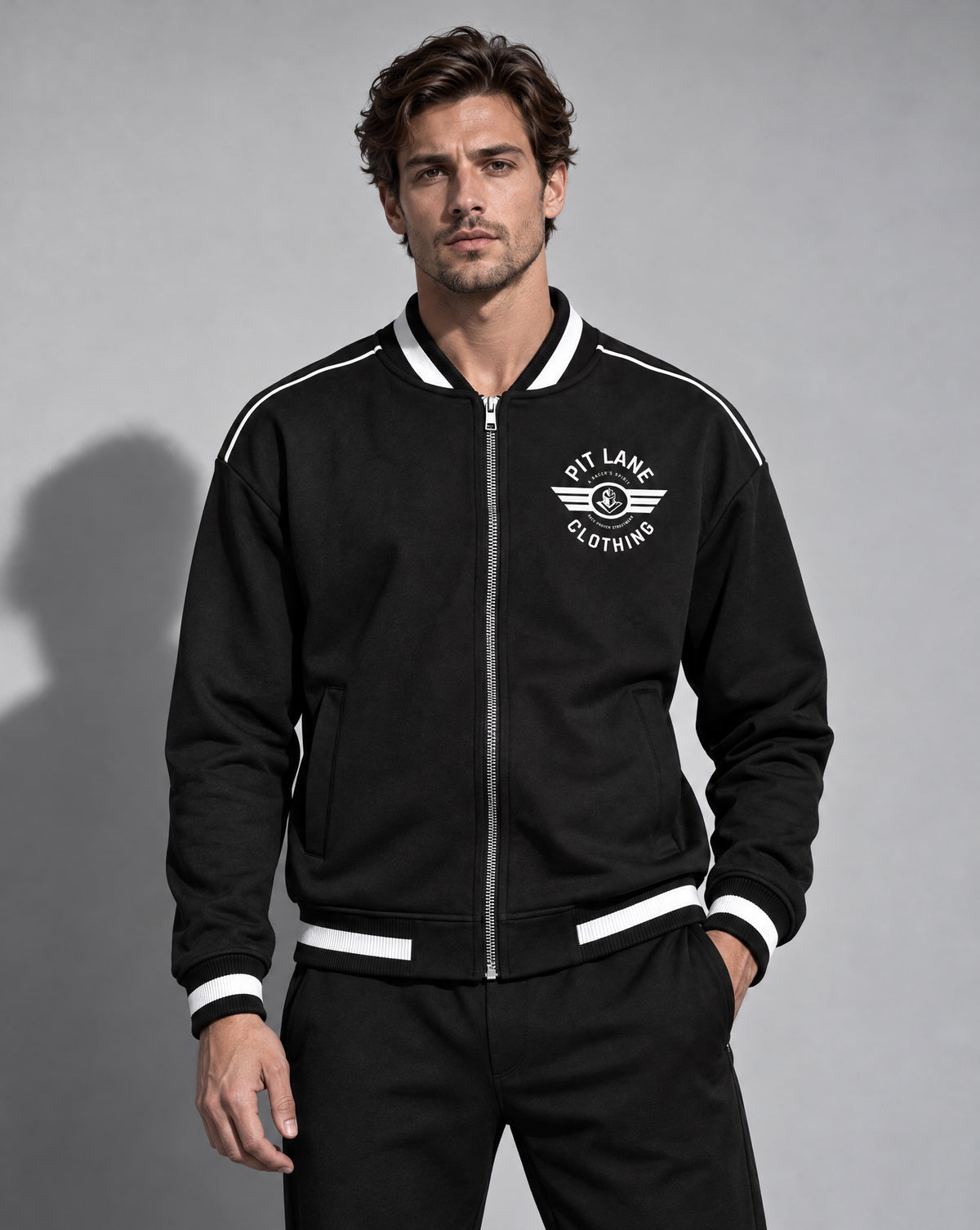Contrast Piping Zip Bomber Jacket - Black