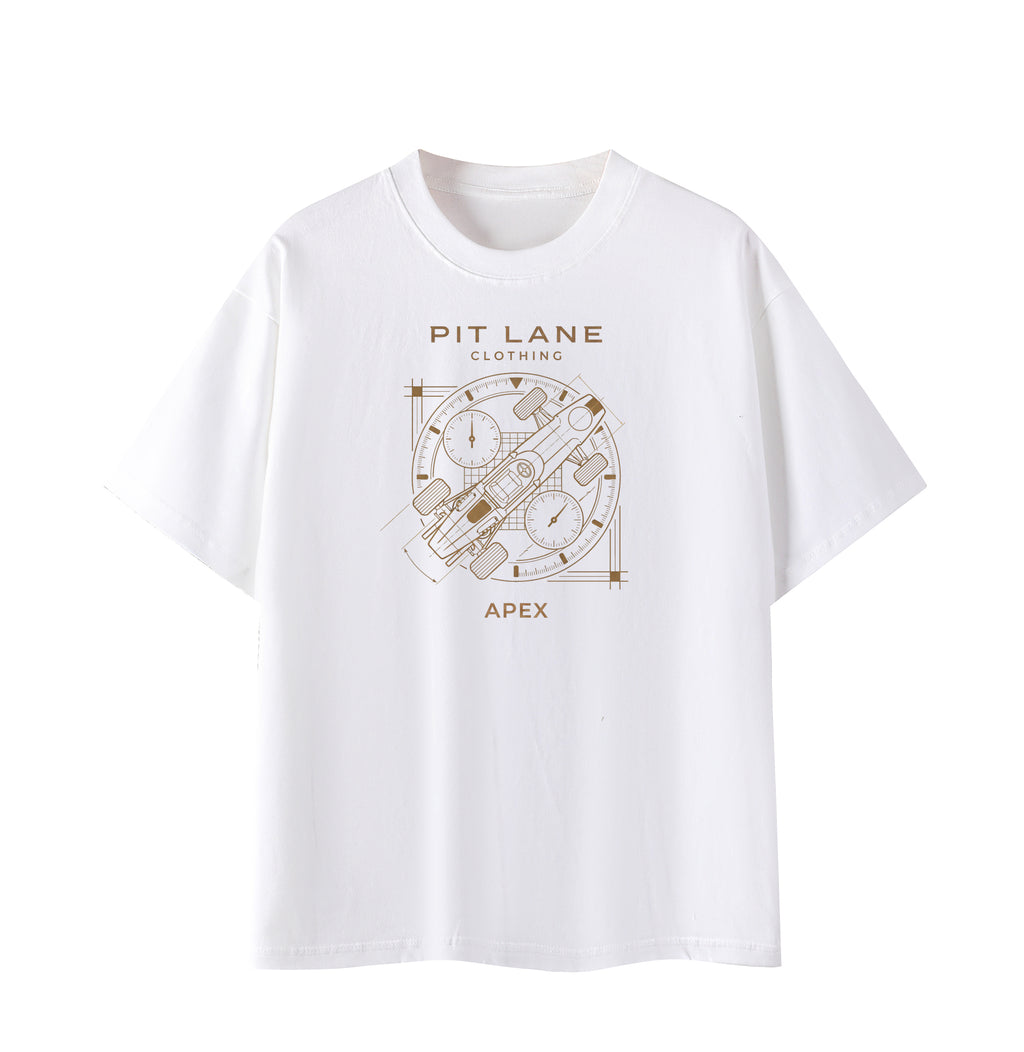 A white short-sleeve crewneck t-shirt featuring a brown graphic print on the front with the text 'PIT LANE CLOTHING' and 'APEX' surrounding a circular technical-style illustration.