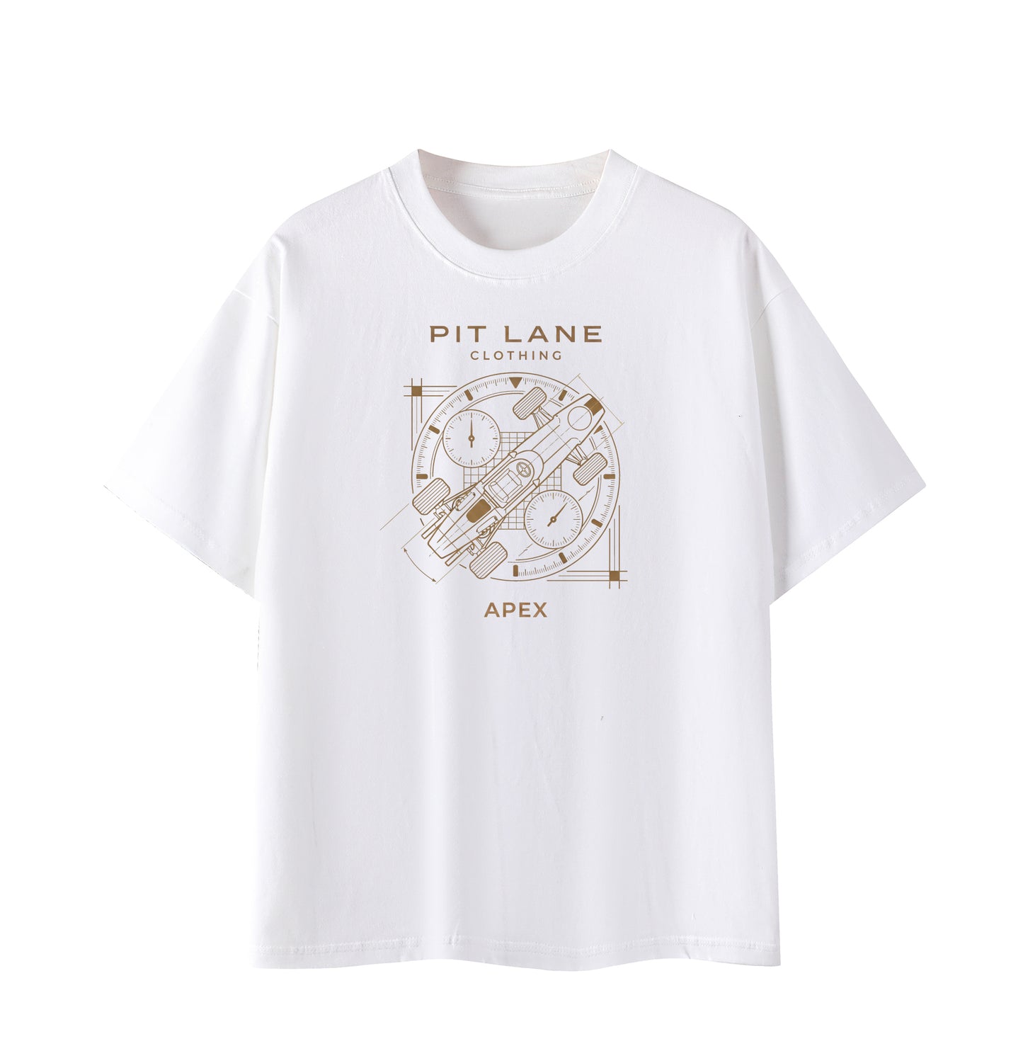 A white short-sleeve crewneck t-shirt featuring a brown graphic print on the front with the text 'PIT LANE CLOTHING' and 'APEX' surrounding a circular technical-style illustration.