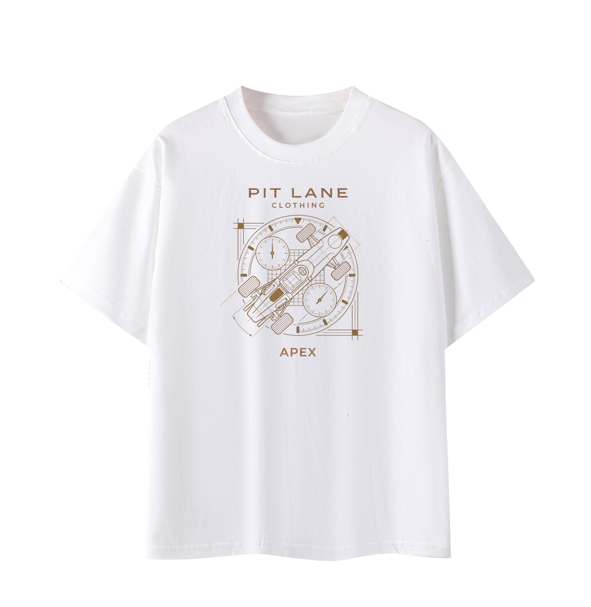 A white short-sleeve crewneck t-shirt featuring a brown graphic print on the front with the text 'PIT LANE CLOTHING' and 'APEX' surrounding a circular technical-style illustration.