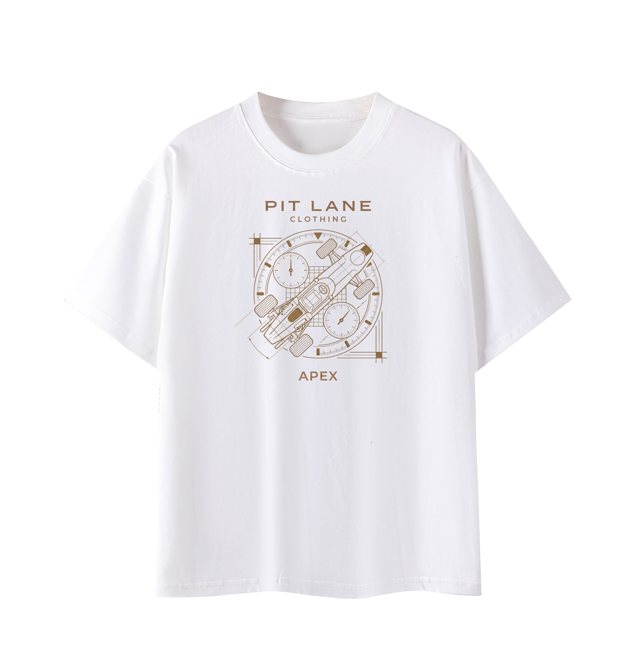 A white short-sleeve crewneck t-shirt featuring a brown graphic print on the front with the text 'PIT LANE CLOTHING' and 'APEX' surrounding a circular technical-style illustration.
