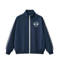 A navy blue zip-up track jacket with white shoulder stripes and a white chest logo reading 'PIT LANE CLOTHING', hanging on a wooden hanger against a light gray background.