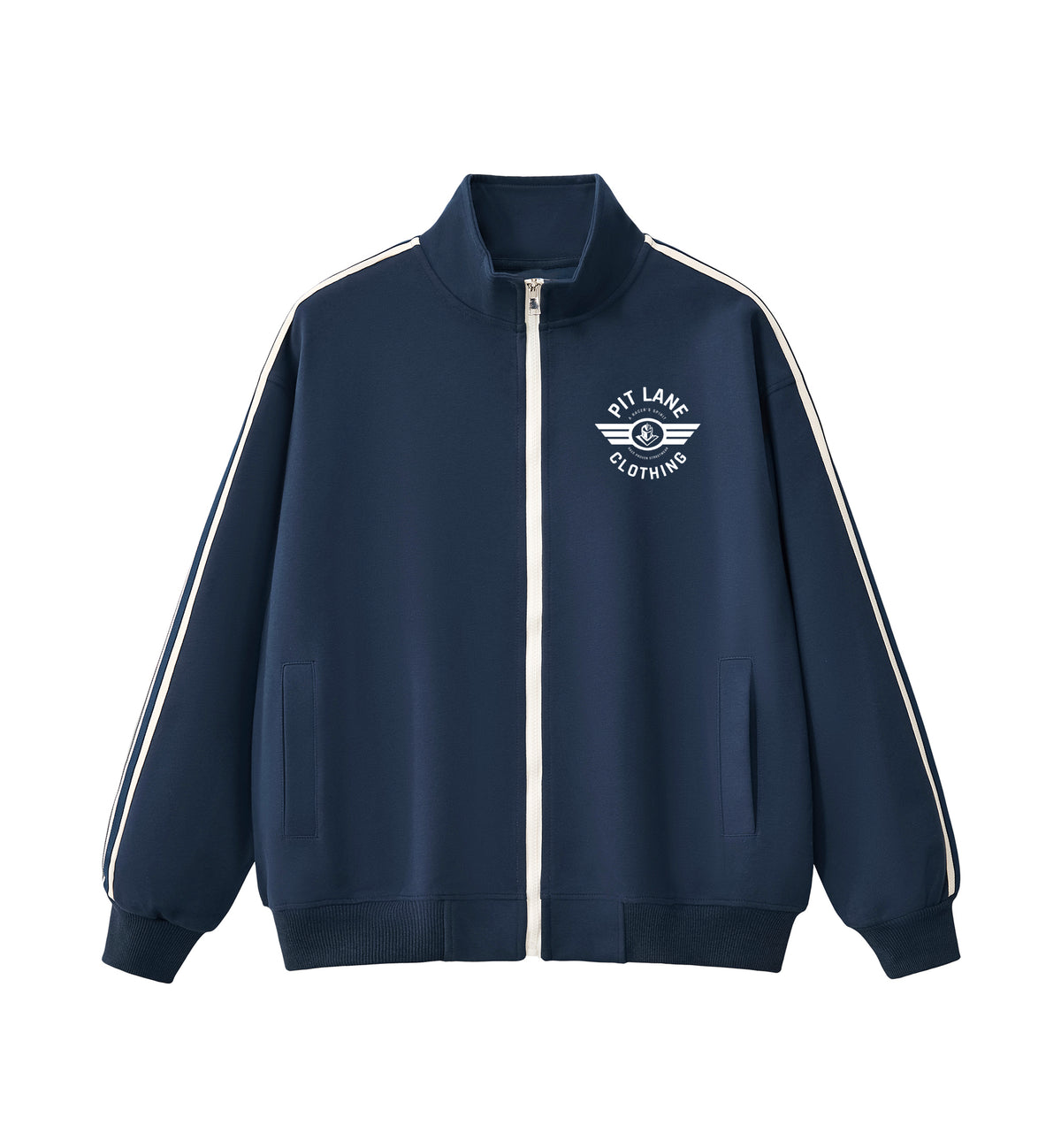 A navy blue zip-up track jacket with white shoulder stripes and a white chest logo reading 'PIT LANE CLOTHING', hanging on a wooden hanger against a light gray background.