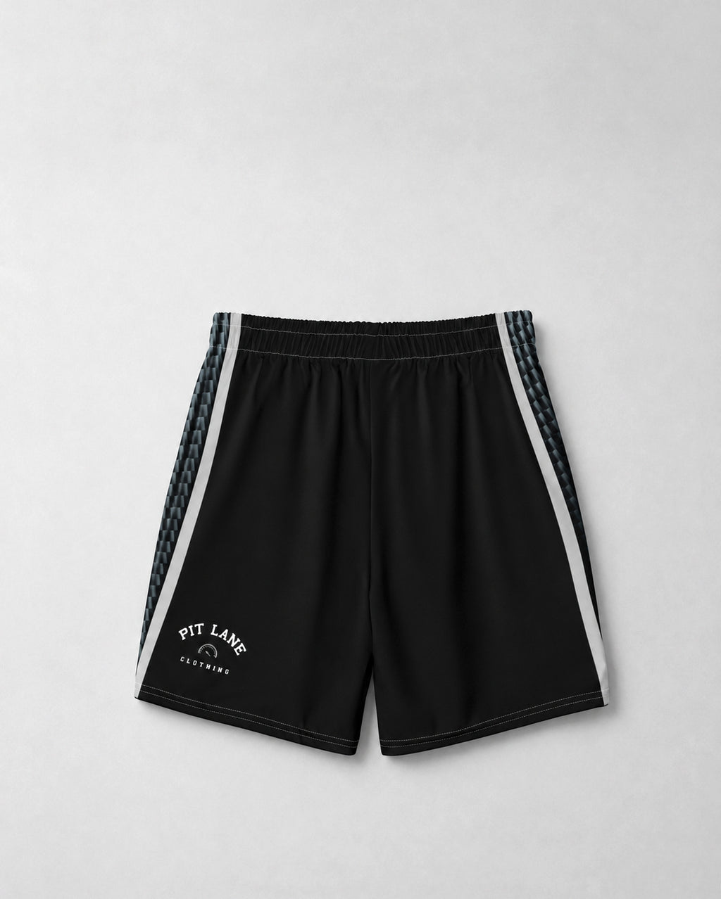 Black athletic shorts with white side stripes and a white 'PIT LANE CLOTHING' logo on the lower left leg, displayed flat against a light gray background.