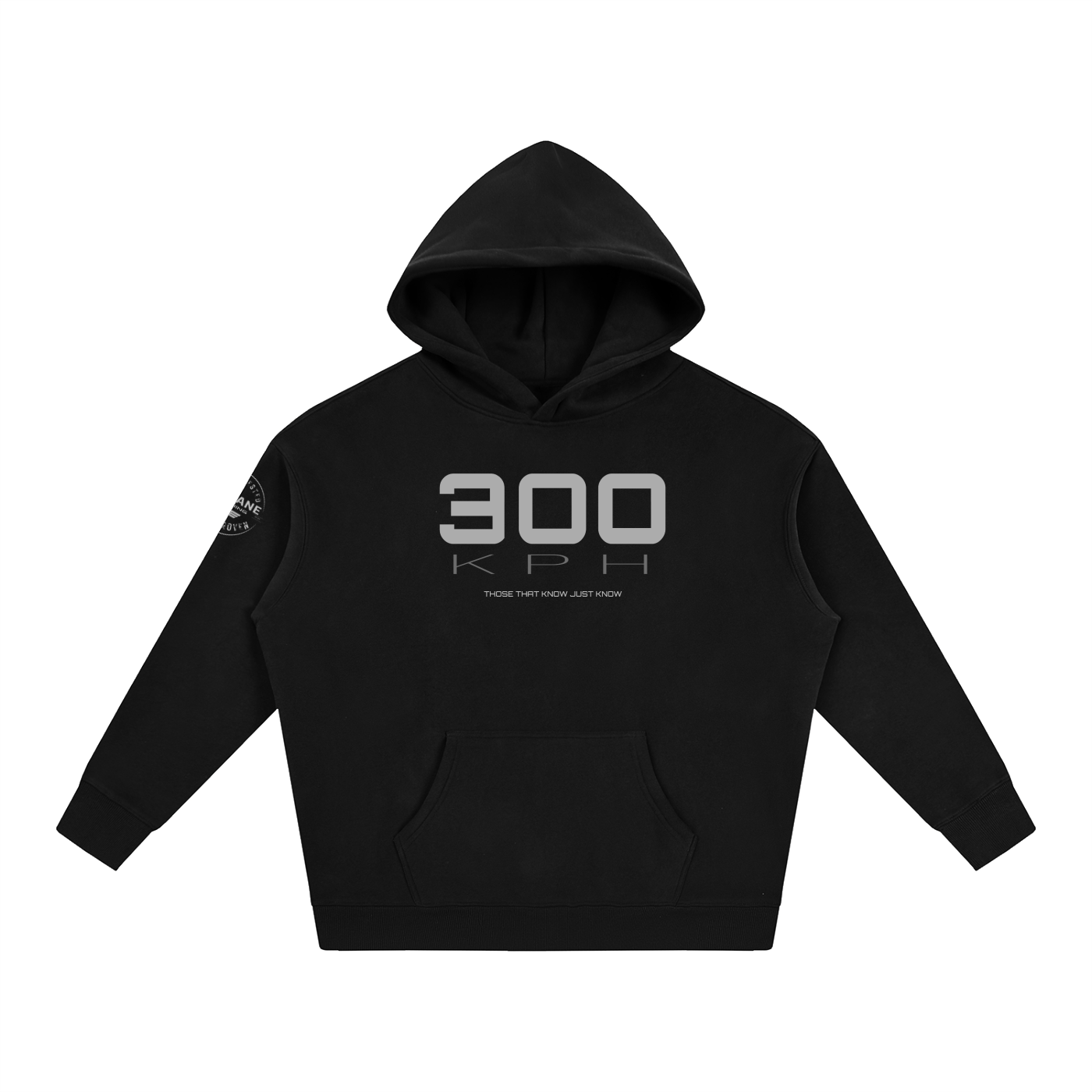 A black PIT LANE CLOTHING pullover hoodie with a front kangaroo pocket and a large gray graphic on the chest reading '300 KPH' with smaller text below, shown on a plain white background.