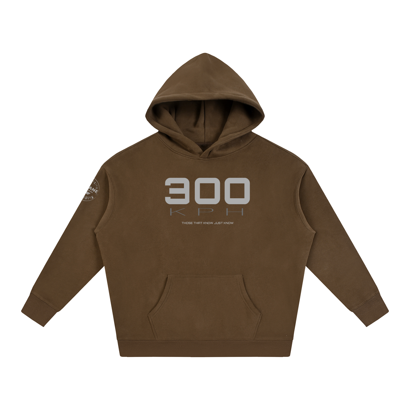 A dark brown PIT LANE CLOTHING pullover hoodie with a front kangaroo pocket and a large gray graphic on the chest reading '300 KPH' with smaller text below, shown on a plain white background.