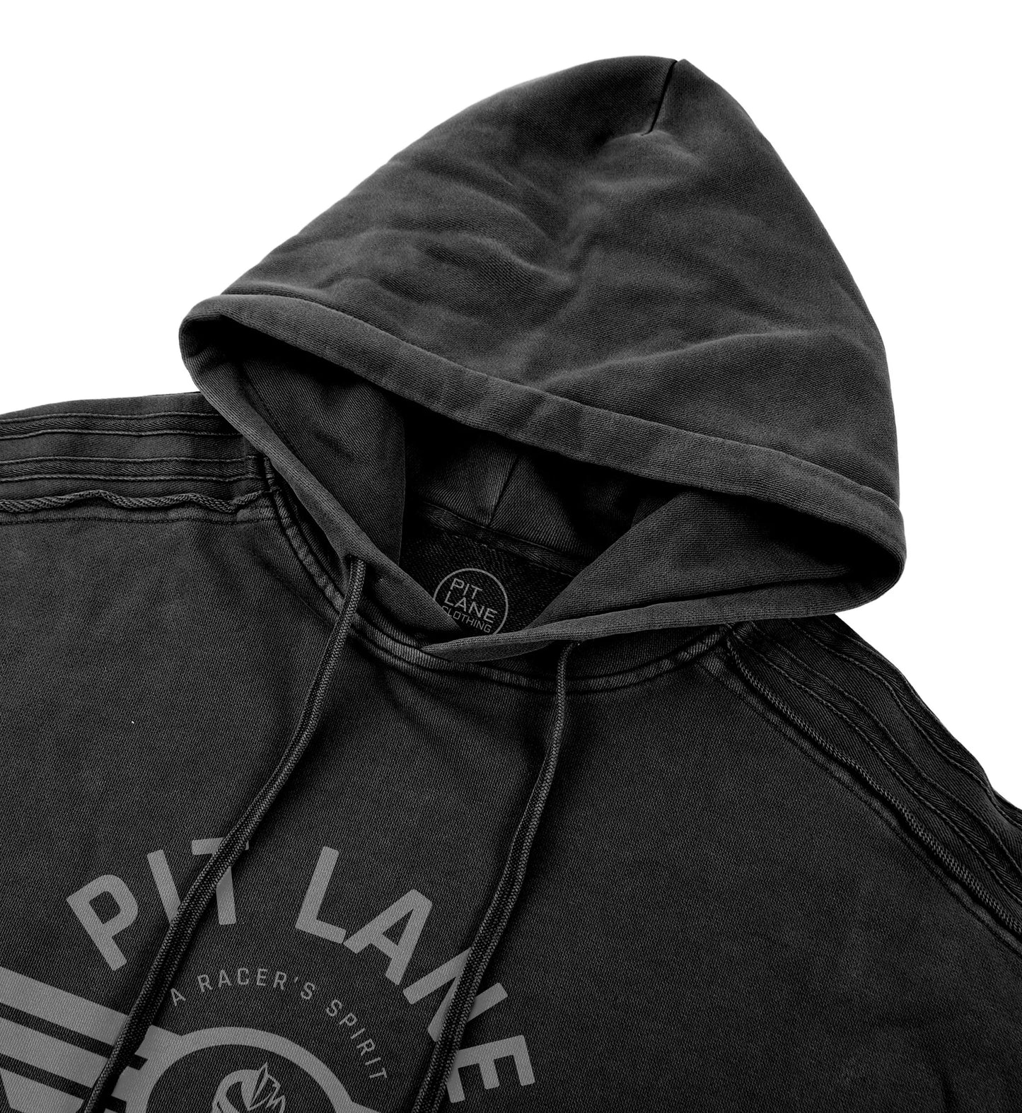 PIT LANE CLOTHING: Snow Washed Tape Raw Edge Hoodie - Black
