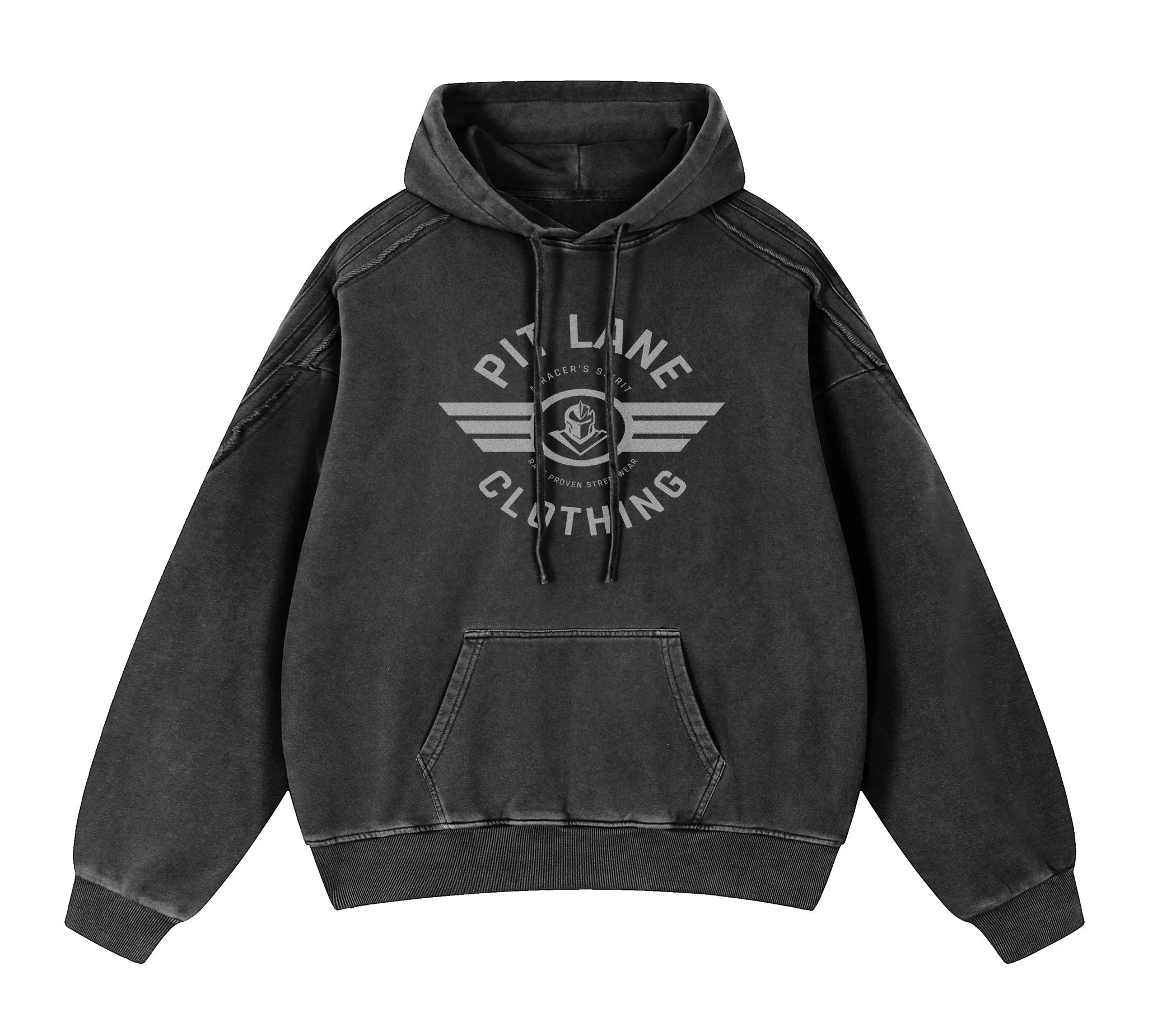 PIT LANE CLOTHING: Snow Washed Tape Raw Edge Hoodie - Black