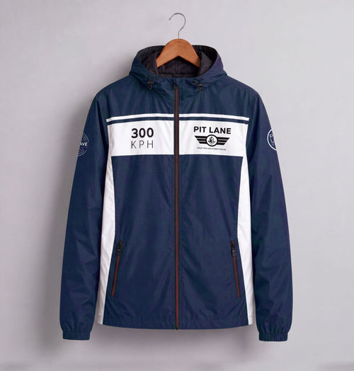 A navy blue hooded jacket with white side panels and a front zipper, hanging on a wooden hanger against a light gray background. The jacket features '300 KPH' and 'PIT LANE CLOTHING' graphics on the chest.