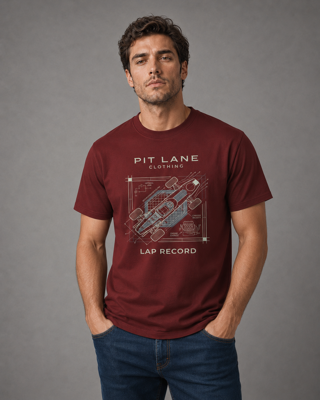A man wearing a maroon short-sleeve graphic t-shirt with a white and gray track diagram and text reading 'PIT LANE CLOTHING' and 'LAP RECORD', paired with blue jeans, standing against a neutral gray studio background.