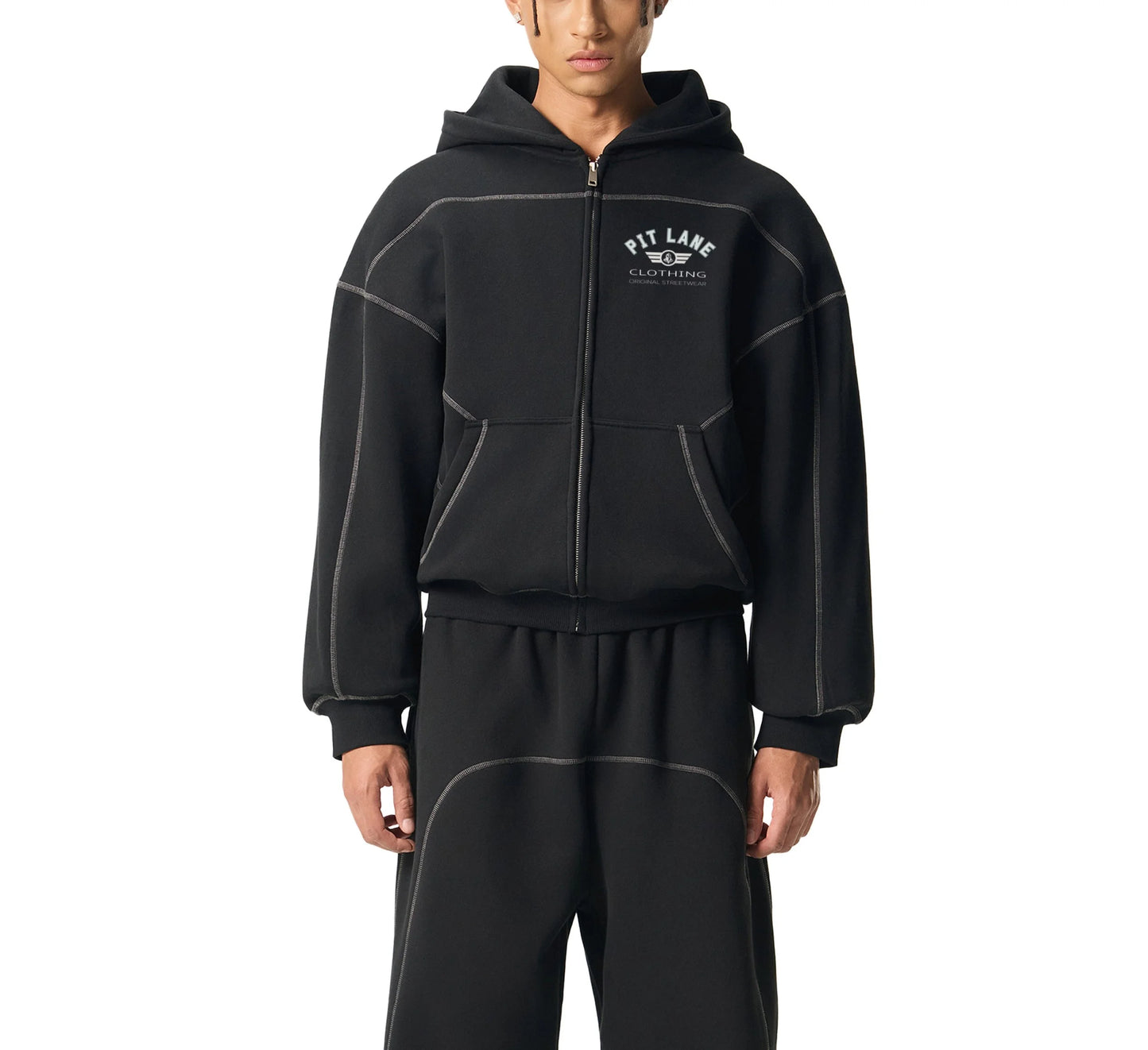 Pit Lane Clothing: Contrast-Stitched Boxy Fleece Hoodie - full carbon