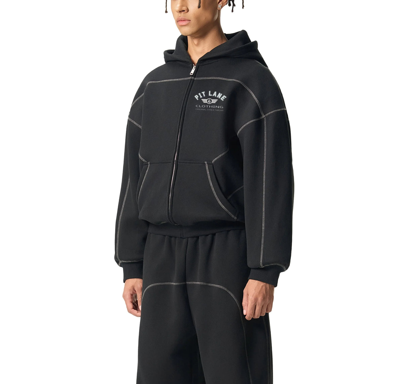 Pit Lane Clothing: Contrast-Stitched Boxy Fleece Hoodie - full carbon