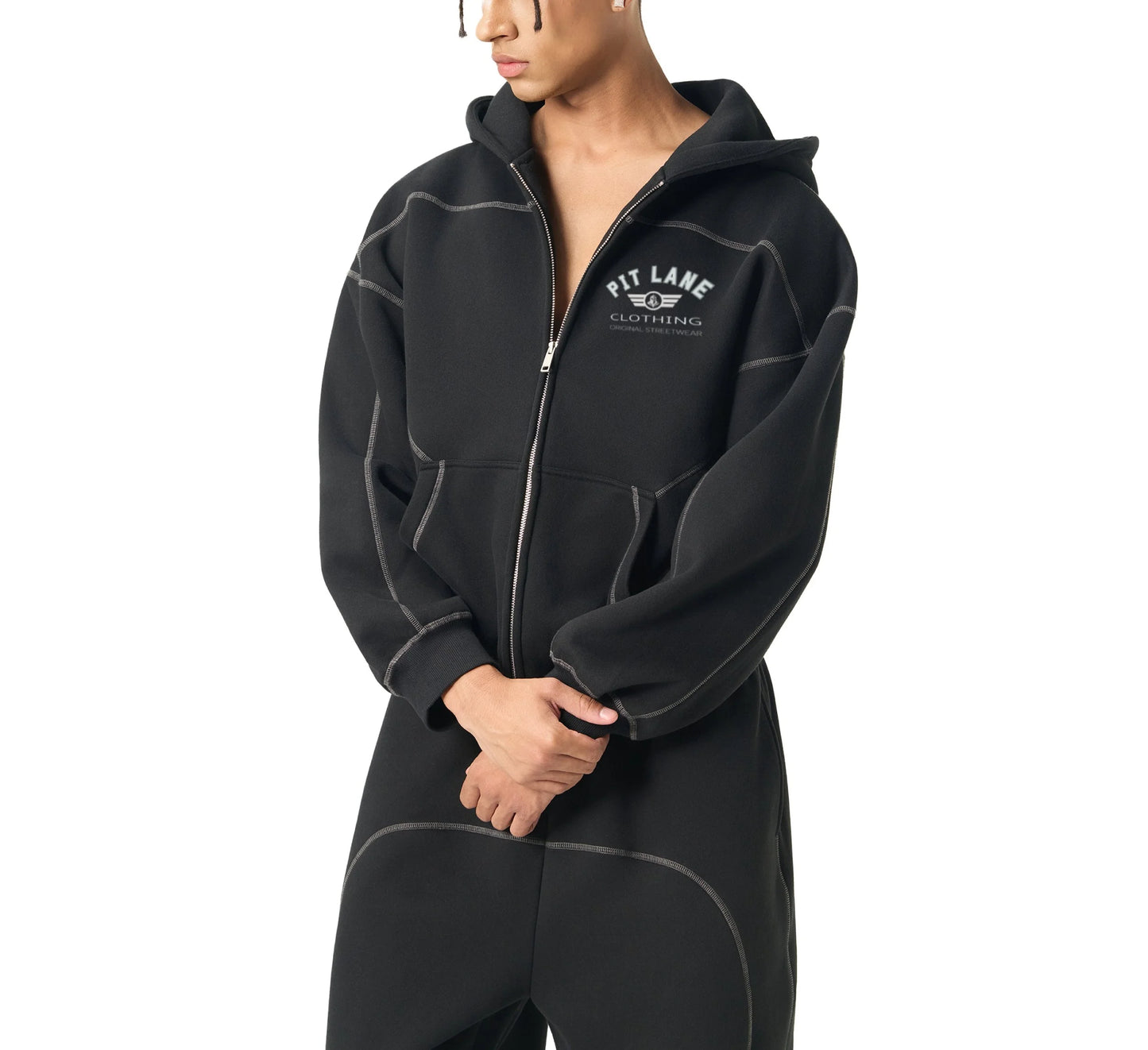 Pit Lane Clothing: Contrast-Stitched Boxy Fleece Hoodie - full carbon