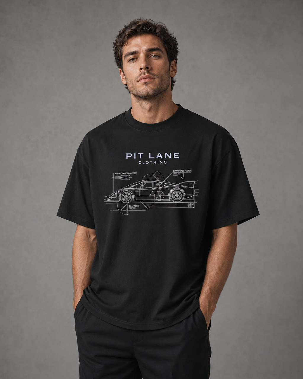 A man wearing a black short-sleeve t-shirt with a white graphic print of a classic sports car and the text 'PIT LANE CLOTHING' on the chest, standing against a textured gray studio background.