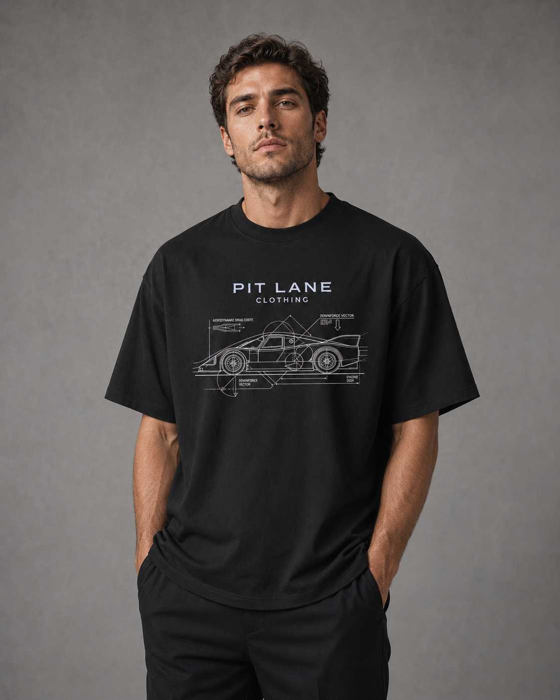 A man wearing a black short-sleeve t-shirt with a white graphic print of a classic sports car and the text 'PIT LANE CLOTHING' on the chest, standing against a textured gray studio background.