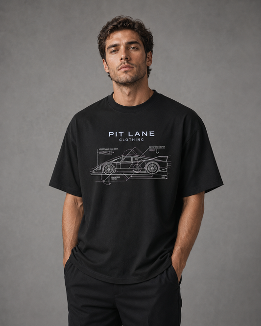 A man wearing a black short-sleeve t-shirt with a white graphic print of a classic sports car and the text 'PIT LANE CLOTHING' on the chest, standing against a textured gray studio background.