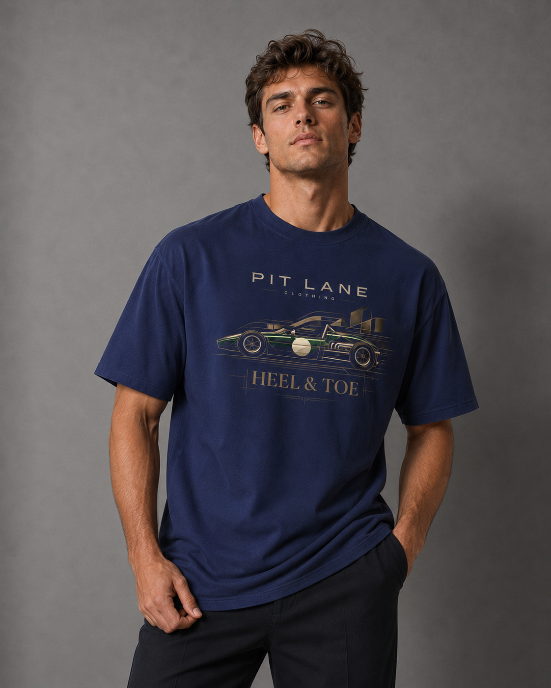 A man wearing a navy blue graphic t-shirt with a vintage race car and 'PIT LANE CLOTHING' text, posed against a neutral gray studio background.
