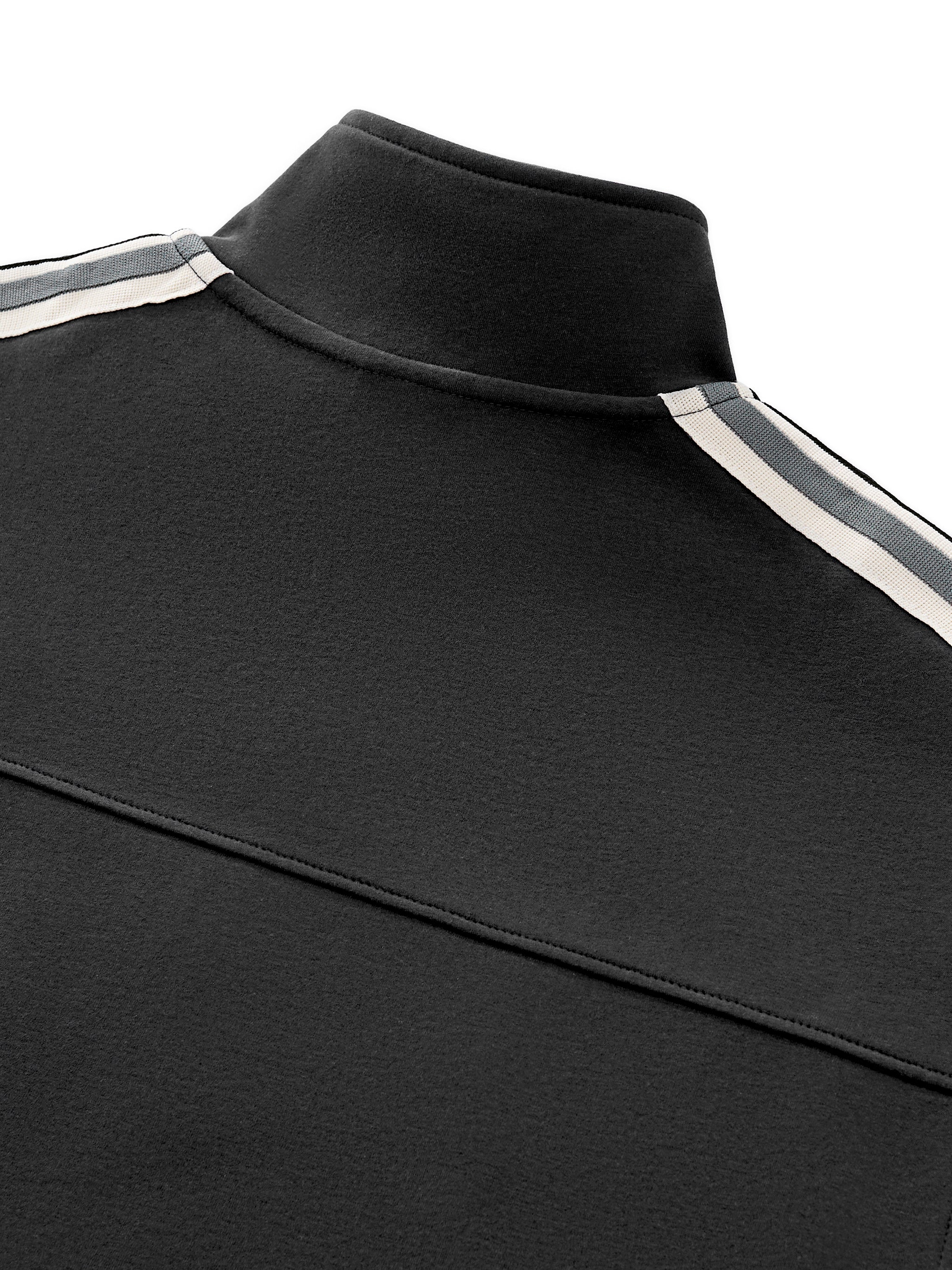 Close-up of a black high-neck pullover top with white and gray stripes running along the shoulders, shown on a white background.