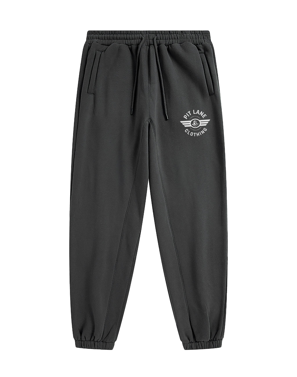 Black jogger pants with an elastic waistband, drawstring, side pockets, and a white circular winged logo on the left thigh that reads 'PIT LANE CLOTHING'.