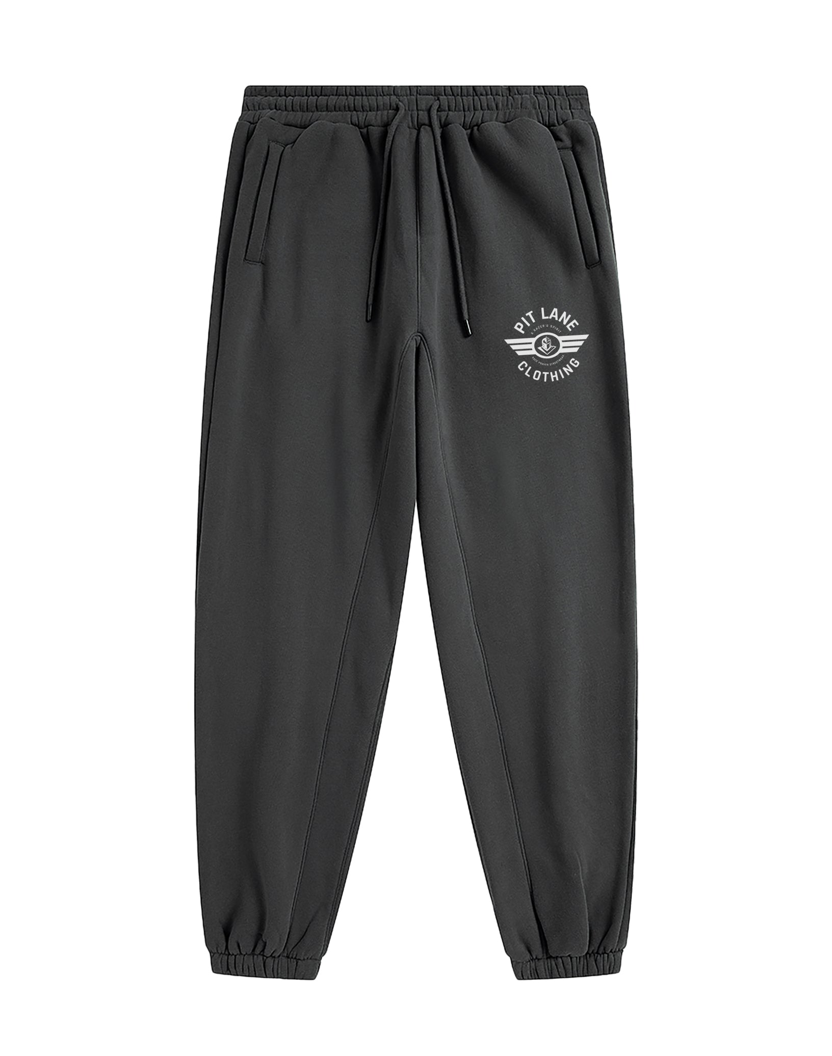 Black jogger pants with an elastic waistband, drawstring, side pockets, and a white circular winged logo on the left thigh that reads 'PIT LANE CLOTHING'.
