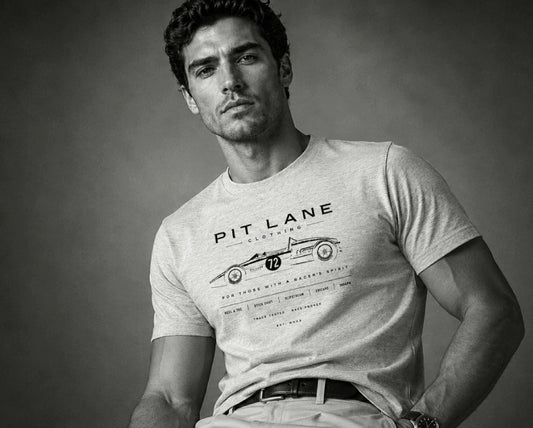 A man wearing a light gray graphic t-shirt with 'PIT LANE CLOTHING' and a race car illustration printed on the front, photographed in a studio setting.