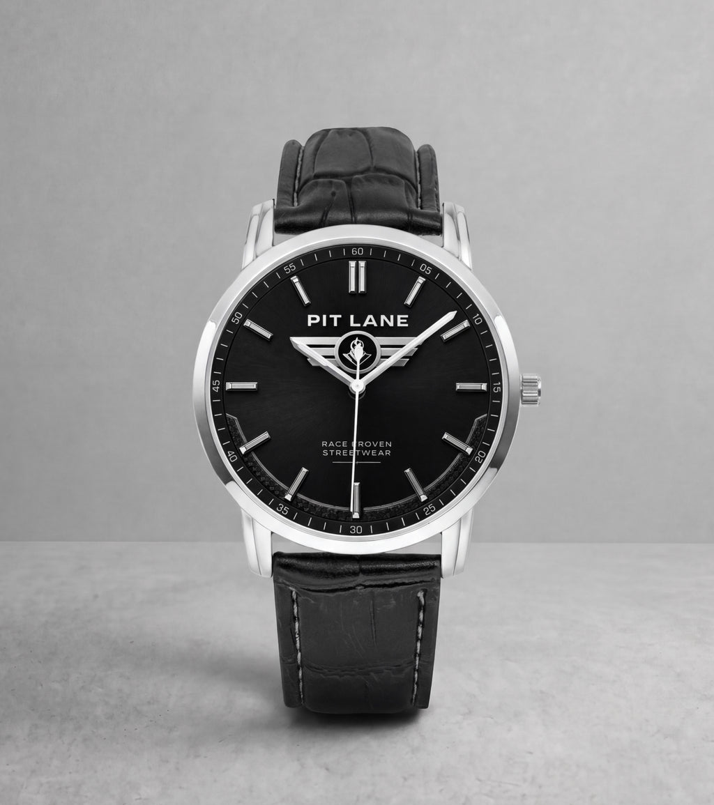 Pit Lane Clothing: Stainless Black Leather stap