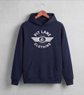 A navy blue pullover hoodie hanging on a wooden hanger against a light gray wall. The hoodie features a white graphic print on the chest that reads 'PIT LANE CLOTHING' with a winged anchor logo in the center.