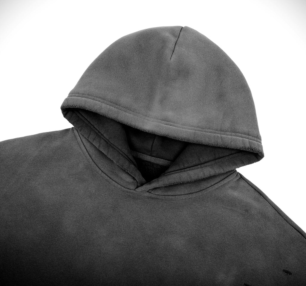 Pit Lane Clothing: Heavyweight Frayed Sunfade Box Fleece Hoodie - Black