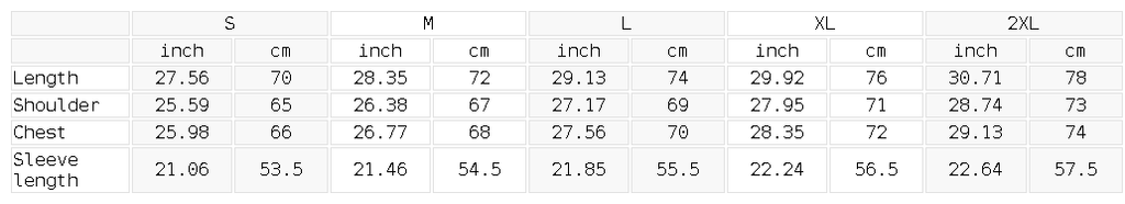 Measurement chart for clothing sizes in inches and centimeters