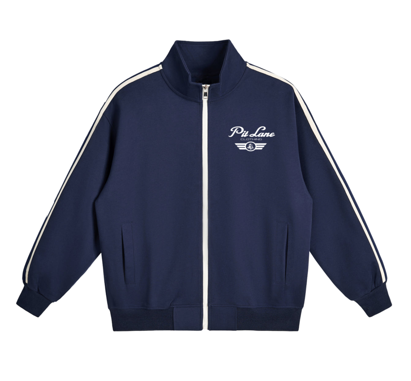 Pit Lane Clothing: Contrast Side-Stripe Stand Collar Jacket - Navy