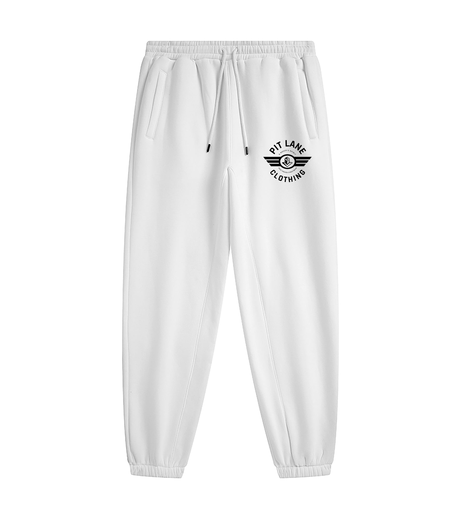 White sweatpants with a black circular winged logo on the left thigh that reads 'PIT LANE CLOTHING', shown against a plain white background.