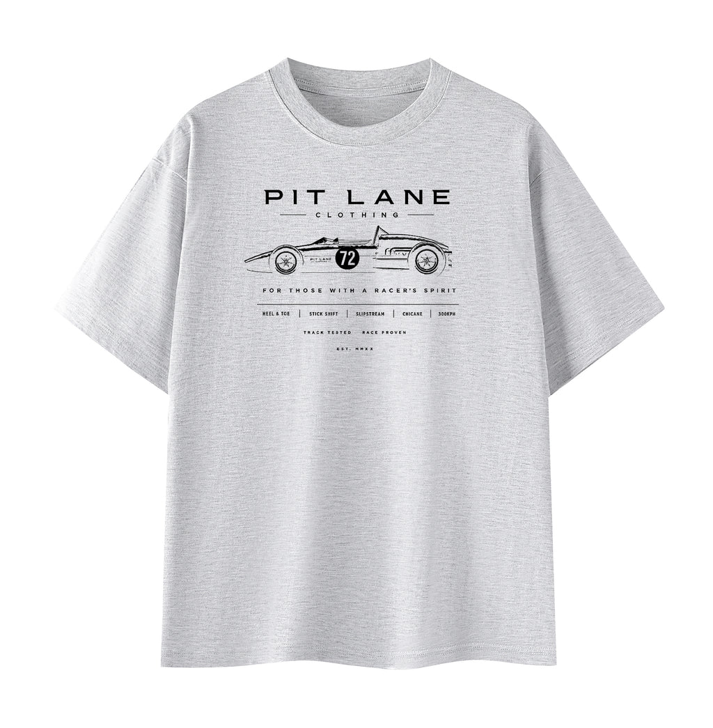 A light gray heather crewneck t-shirt featuring a black vintage race car graphic and the text 'PIT LANE CLOTHING' on the chest, displayed against a solid white background.