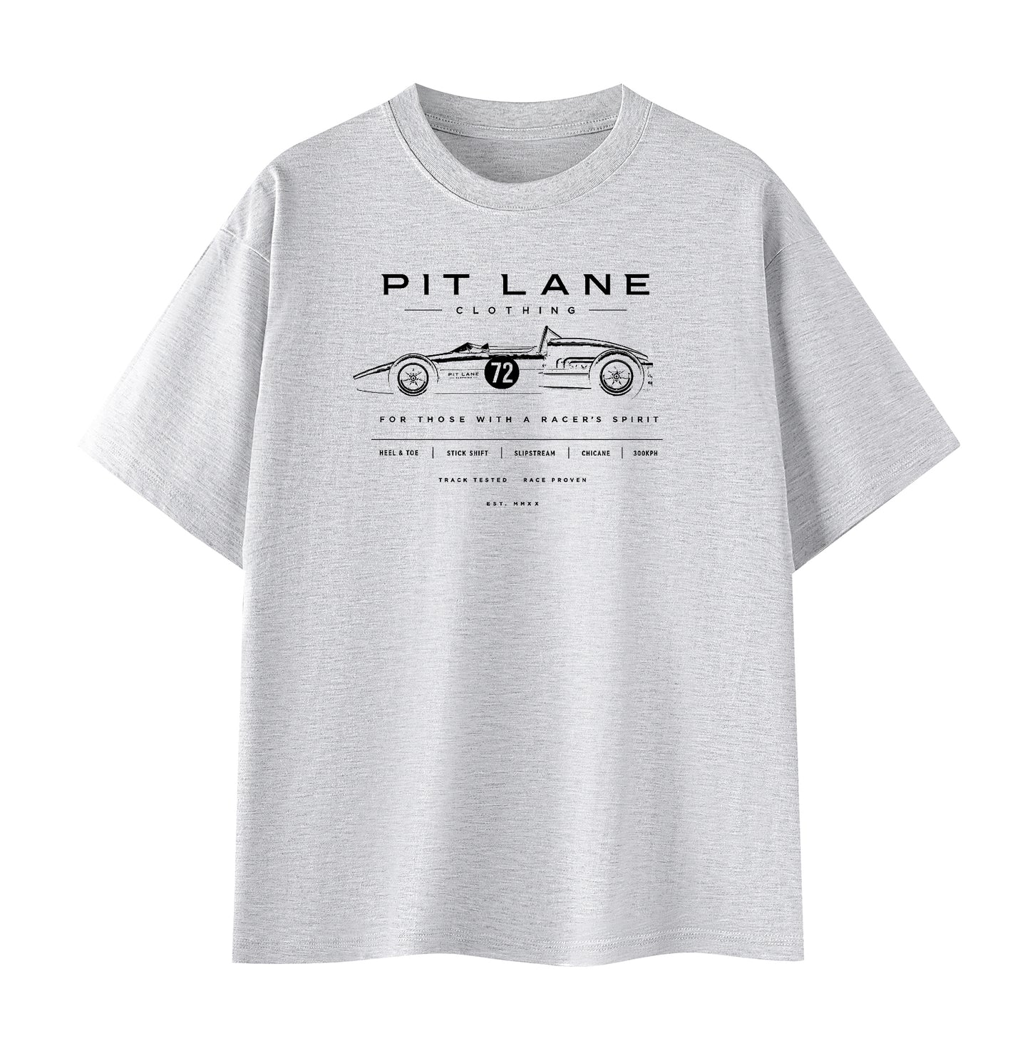 A light gray heather crewneck t-shirt featuring a black vintage race car graphic and the text 'PIT LANE CLOTHING' on the chest, displayed against a solid white background.