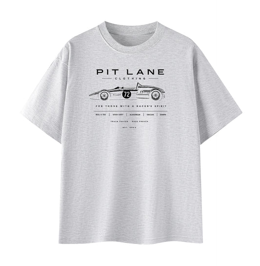 A light gray heather crewneck t-shirt featuring a black vintage race car graphic and the text 'PIT LANE CLOTHING' on the chest, displayed against a solid white background.